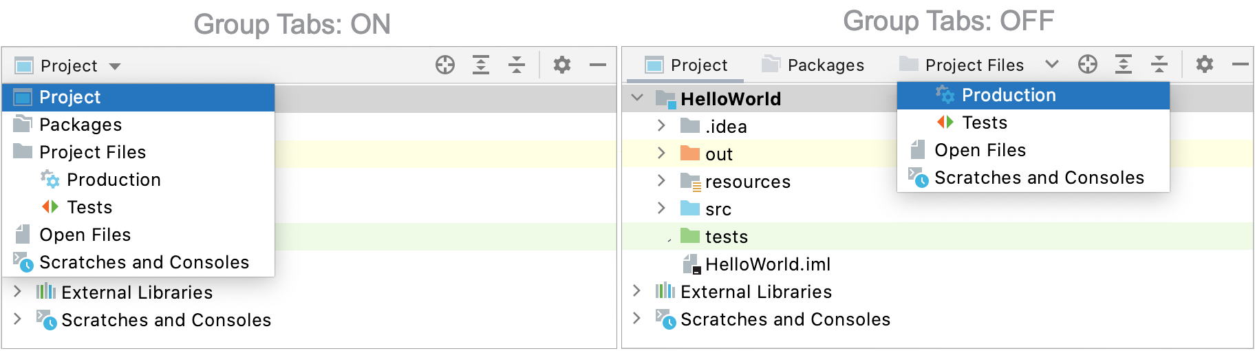 IntelliJ IDEA: choosing a view in the Project tool window
