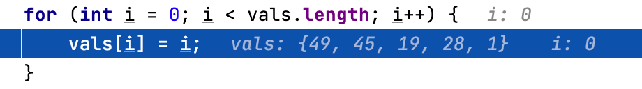 Variable values are displayed at the lines where they are used