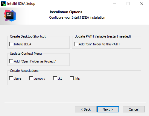 The Installation Options step of the installation wizard