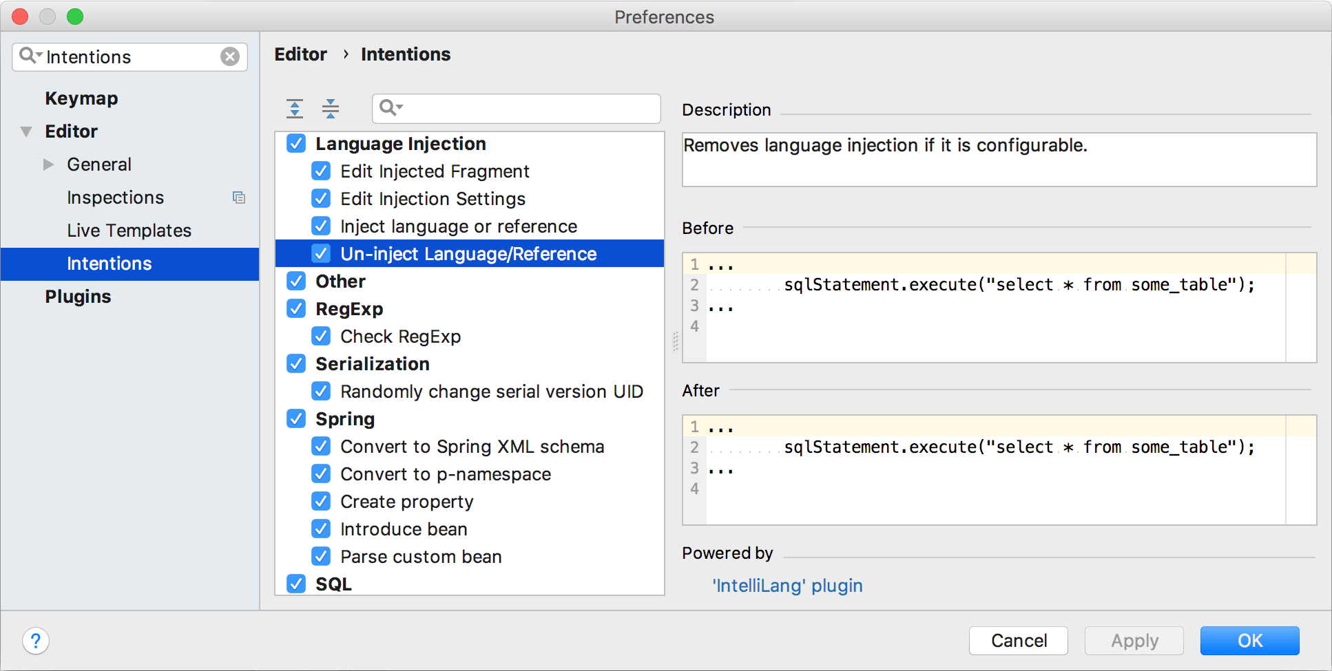 Settings of intention actions