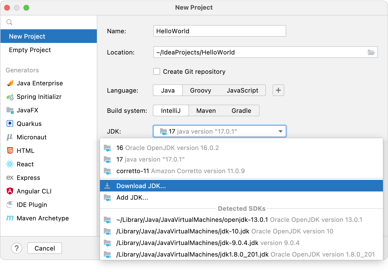 Creating the new project and adding the JDK