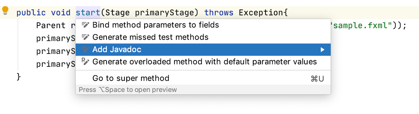 Adding a javadoc using the 'Add Javadoc' context action