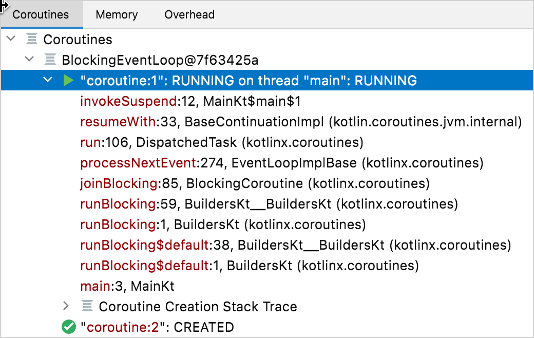 List of coroutines in the Coroutines tab