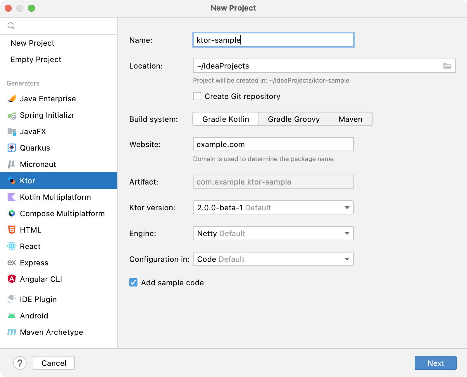 Ktor Project Settings