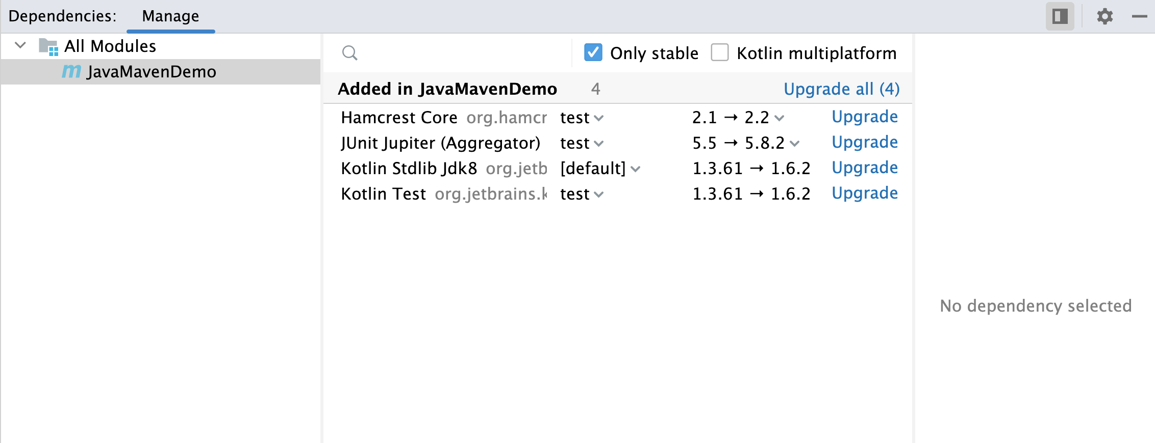 the Dependencies tool window