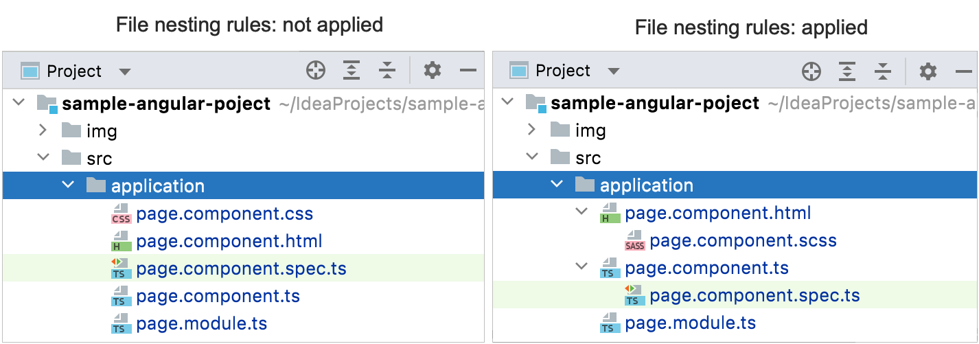 File nesting rules applied vs file nesting rules not applied