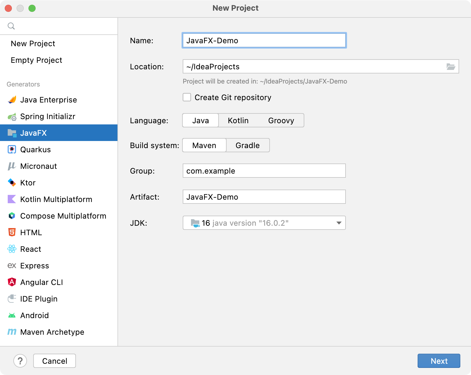 Creating a new JavaFX project