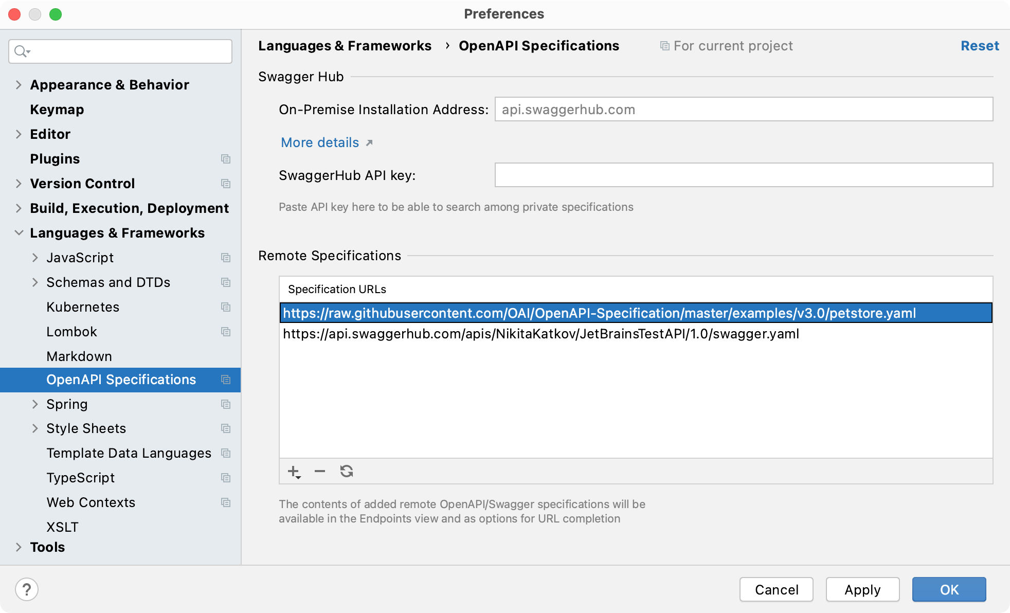 The OpenAPI Specification settings