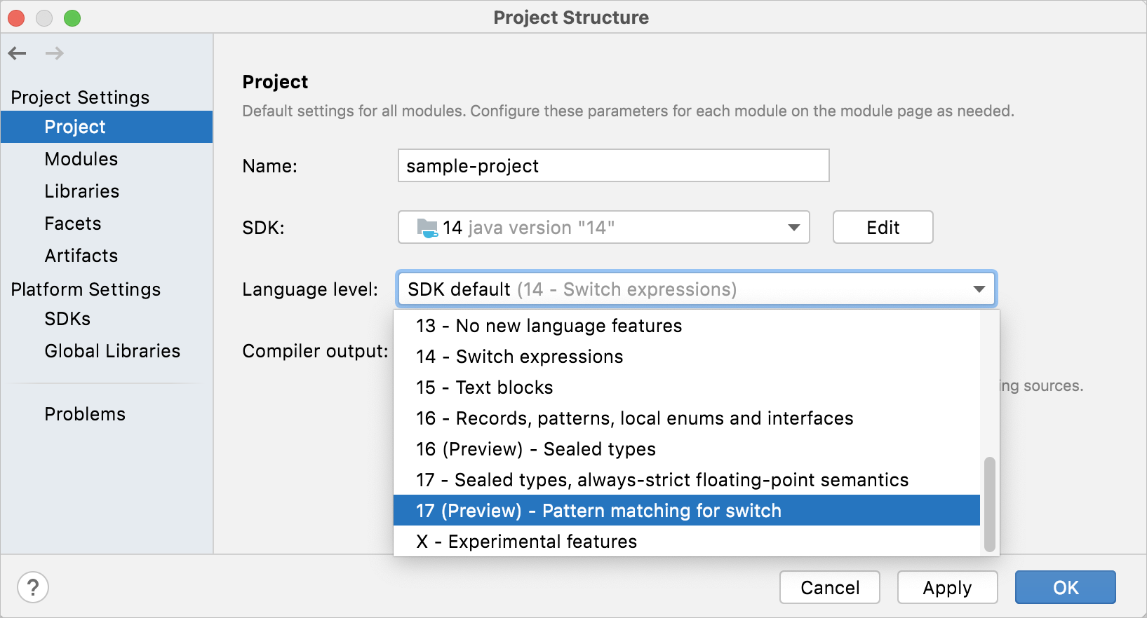 selecting preview features in Language level