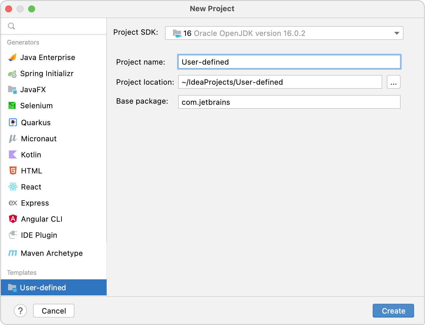 Creating a project from a custom template