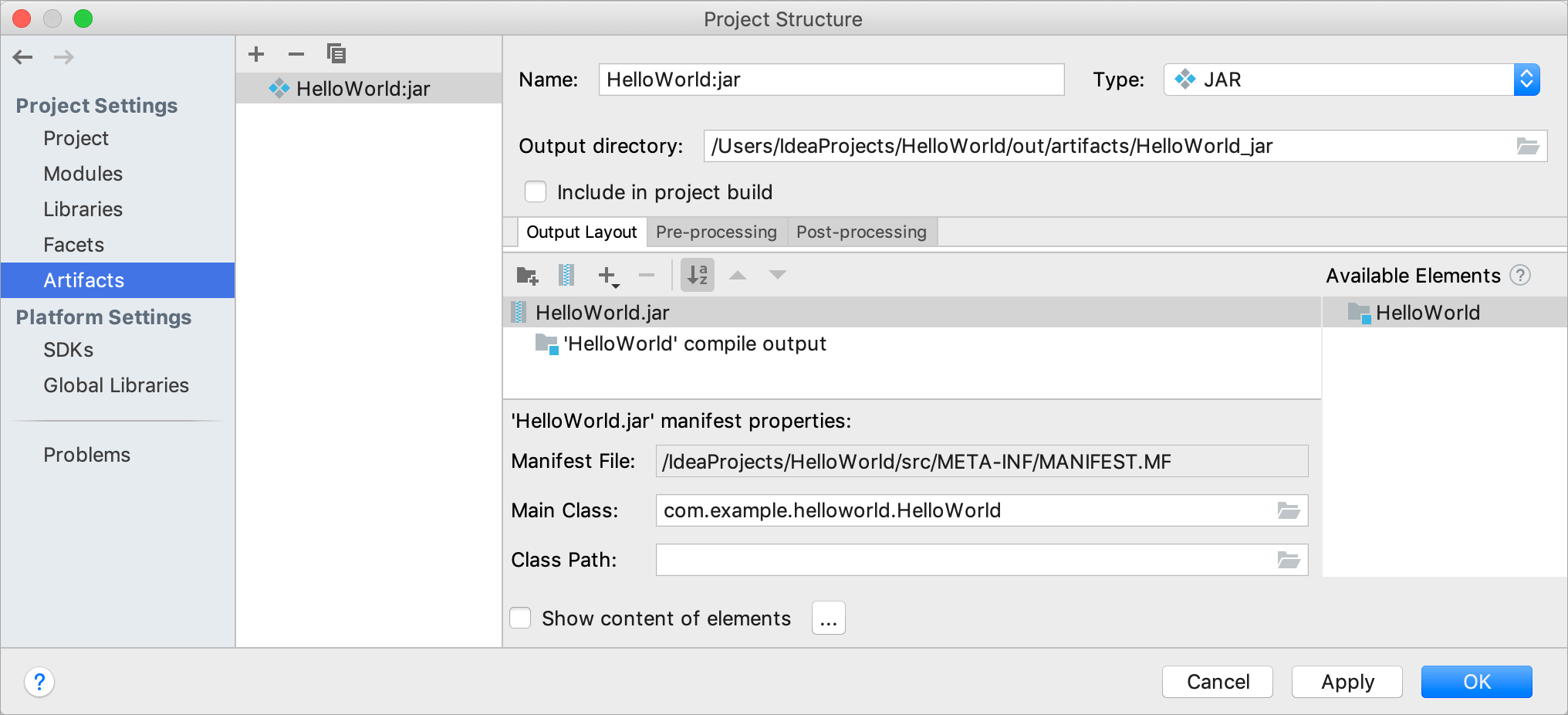 Project Structure dialog / Artifacts page