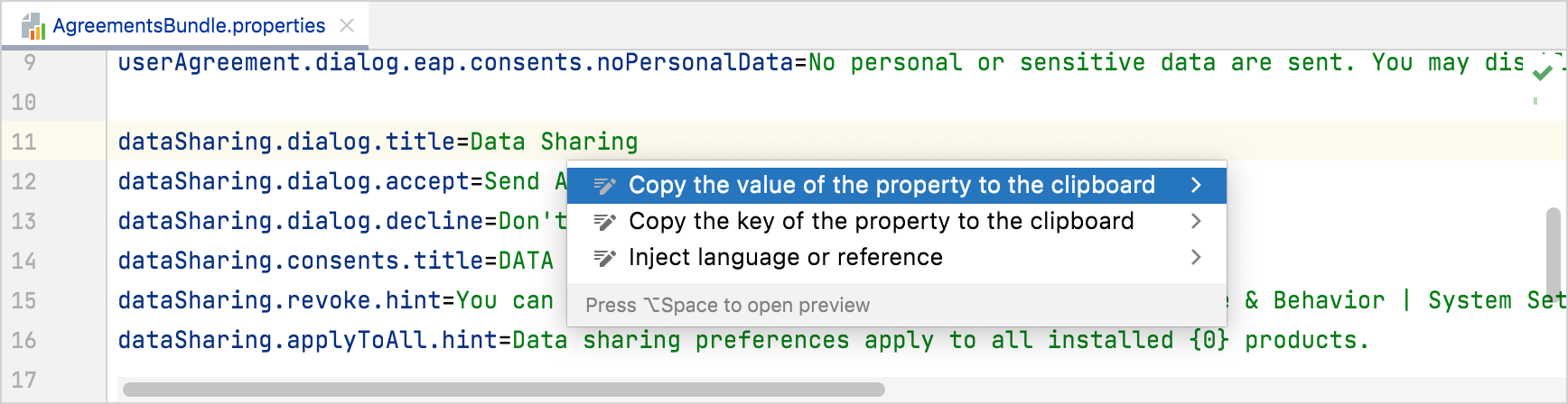 Context actions to copy the key and value of a property