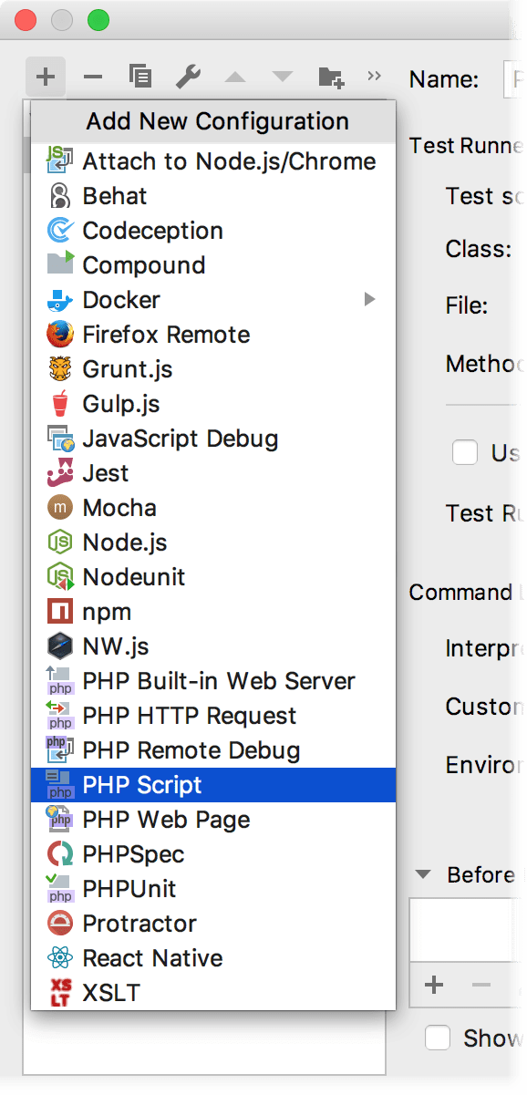 Selecting a new run/debug configuration template