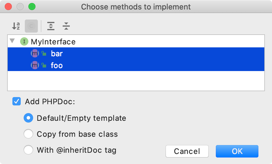 The Choose Methods to Implement dialog