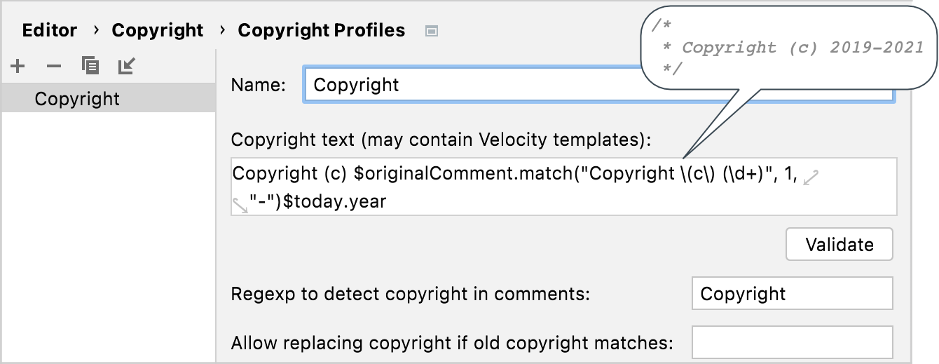 Configuring a copyright profile