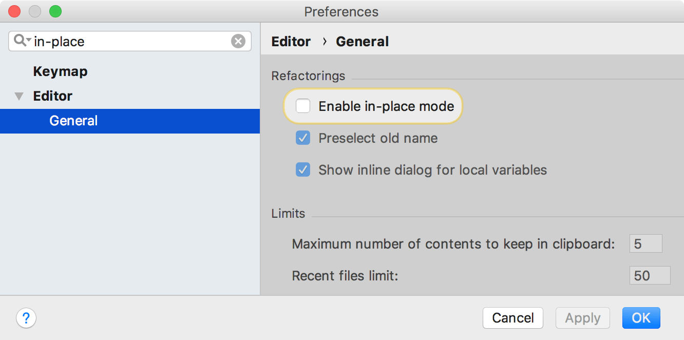 the Enable in-place mode setting