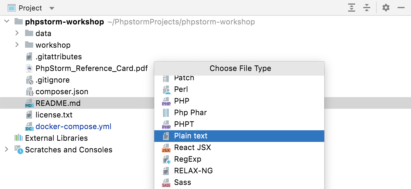 Changing file type from Project tool window