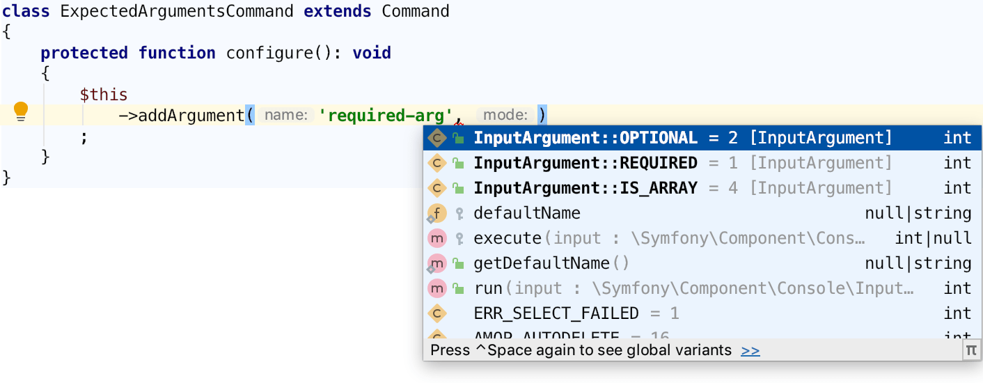 Code completion before Expected Arguments is set