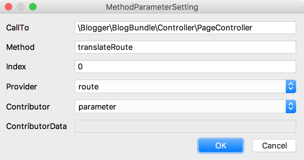 Symfony MethodParameterSetting dialog