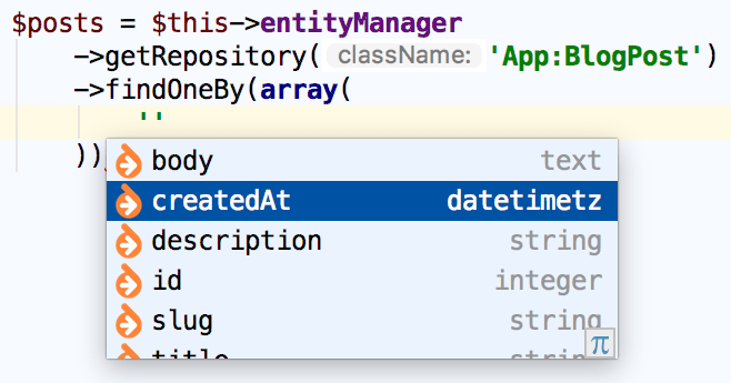 Symfony Doctrine repository fields completion