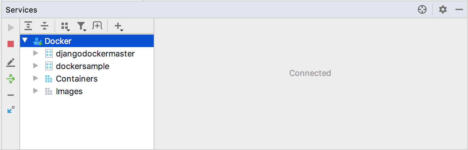 The Services tool window, connected to Docker