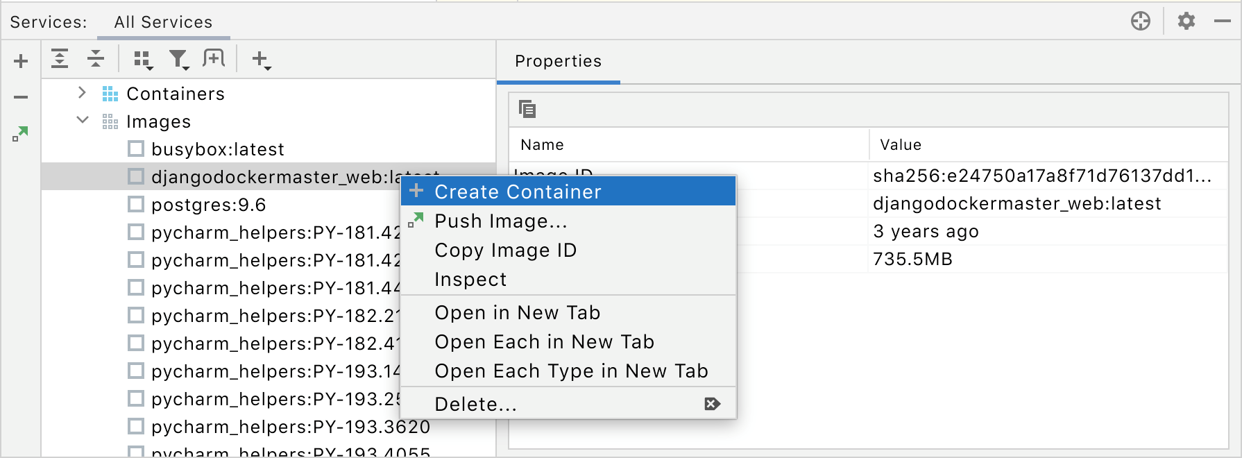 The Create container context menu item