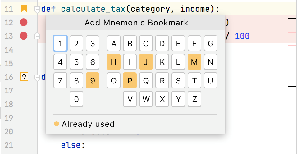 Adding a mnemonic bookmark: select an identifier