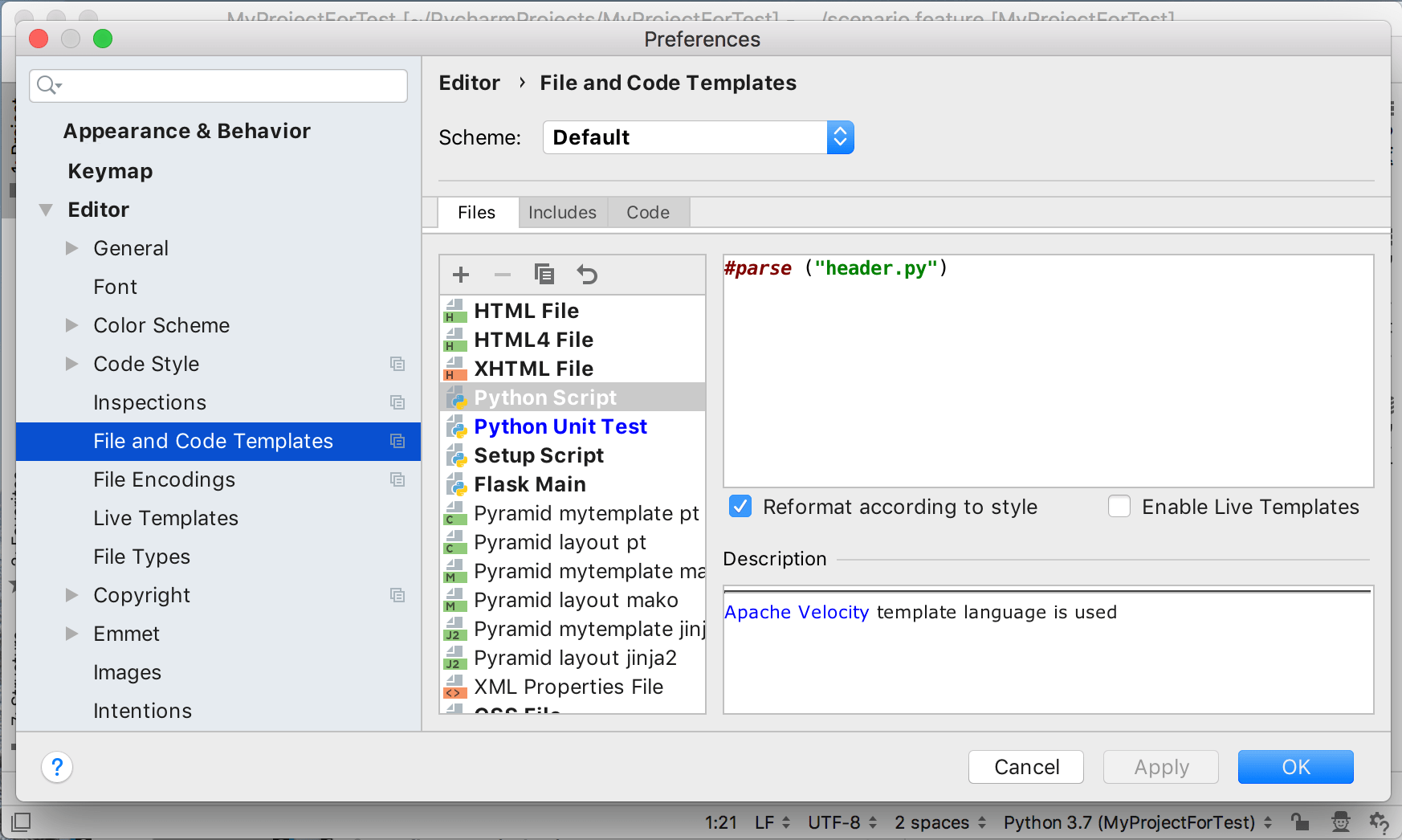 Example of using code and file templates in PyCharm