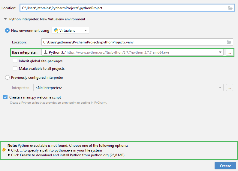 Downloading Python when creating a new project