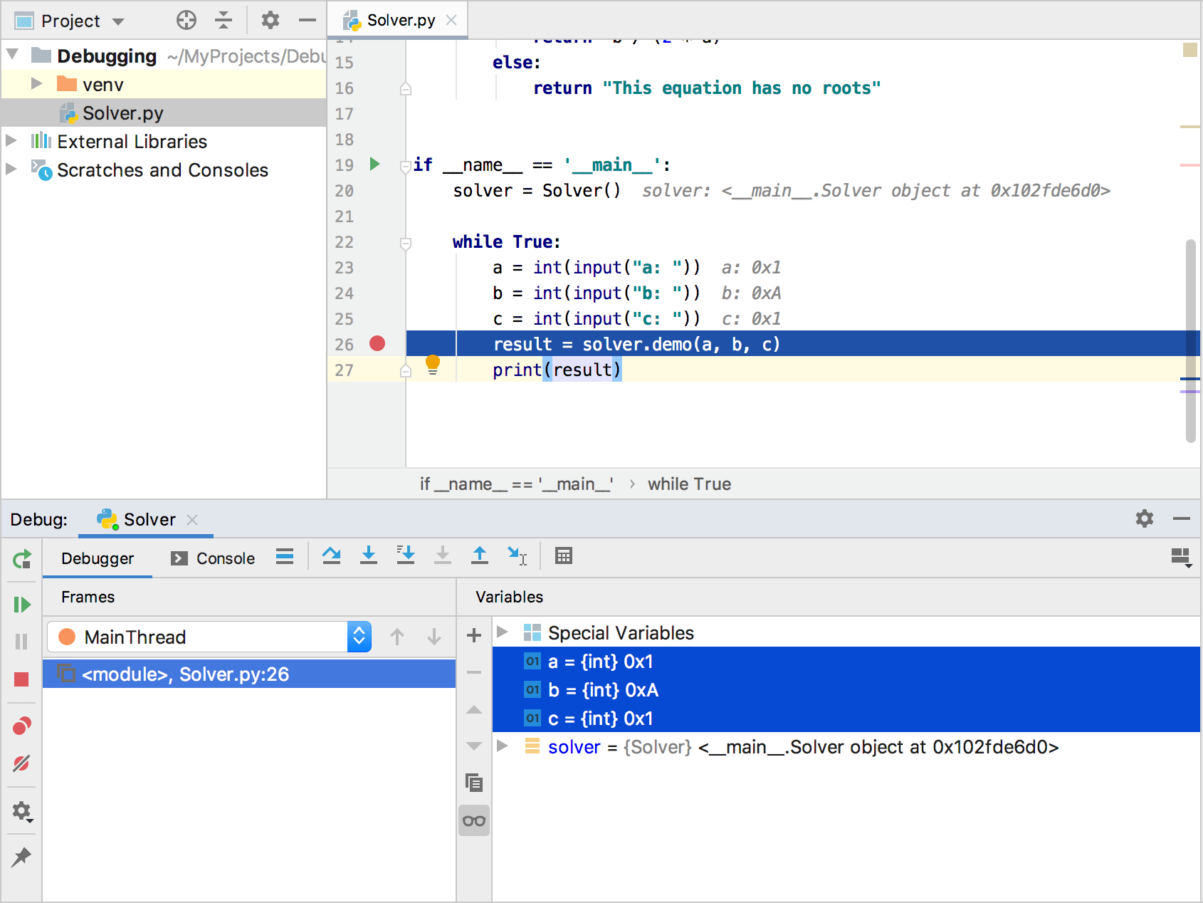 Hexadecimal representation of the debuged variables