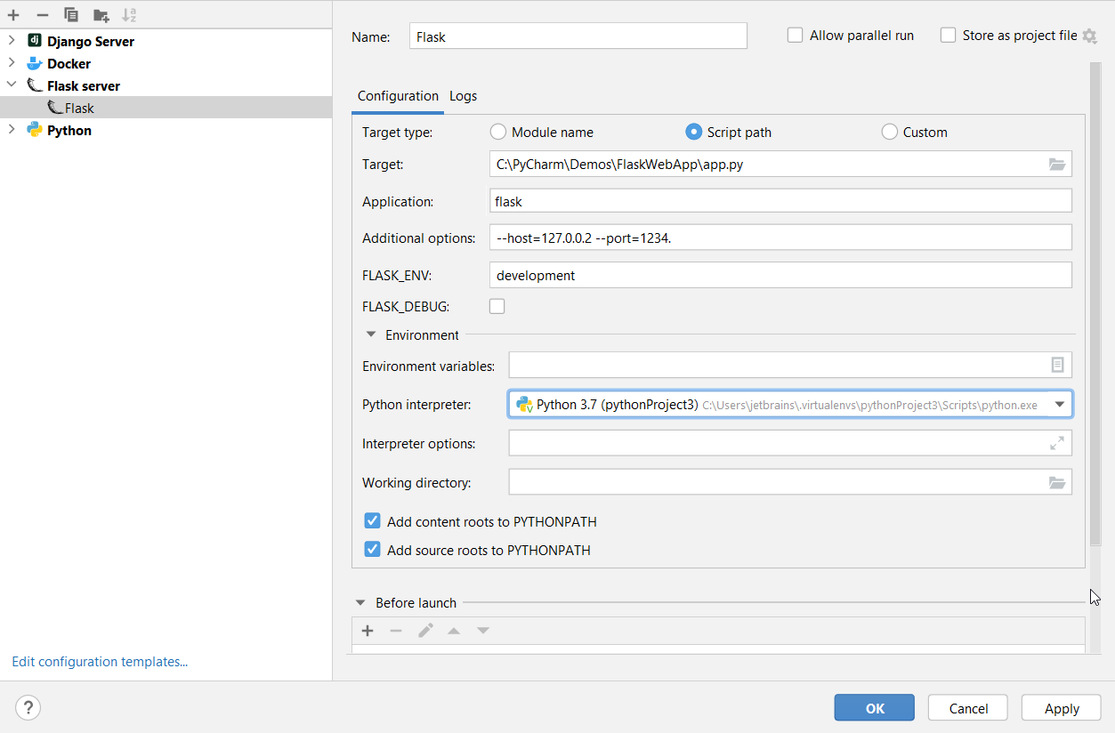 Flask run/debug configuration