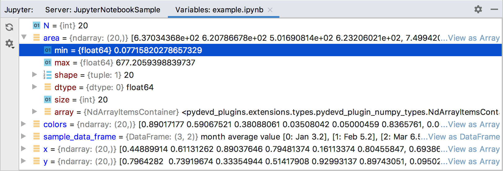 Jupyter server tool window: the Variables tab