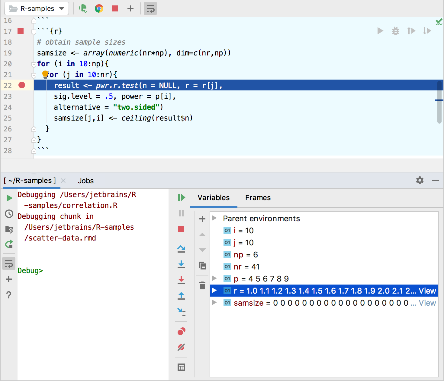 Debugging code chunks in an R Markdown file in PyCharm