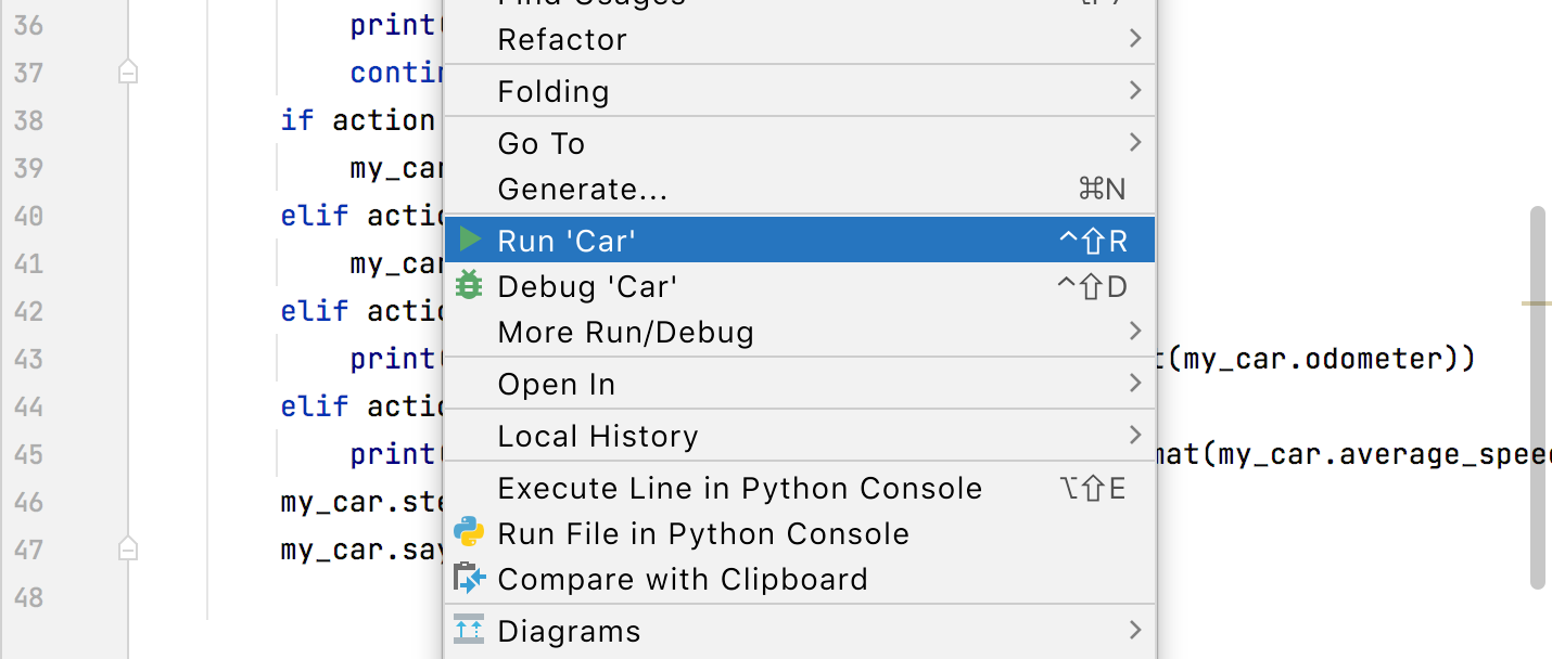 Run context menu