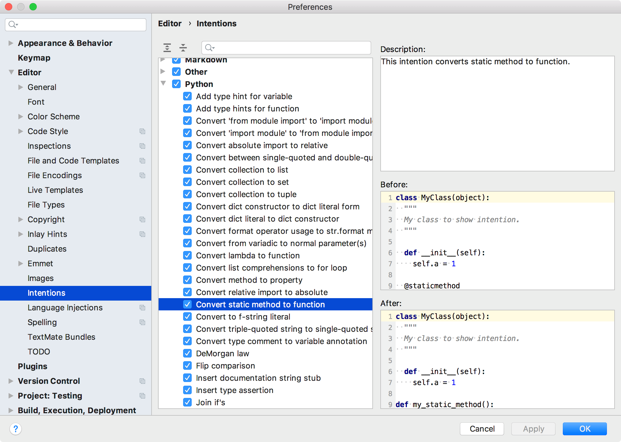 Settings of intention actions