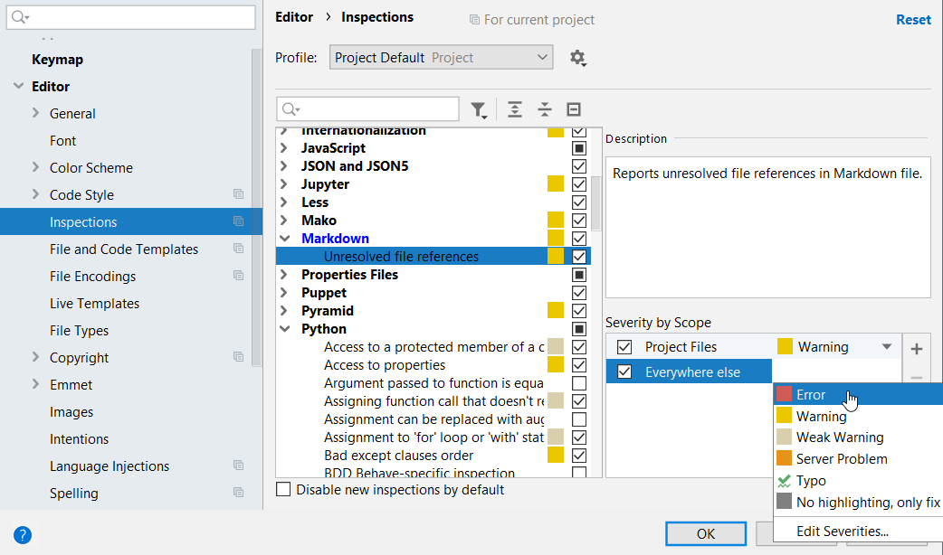 Changing inspection severity by scope