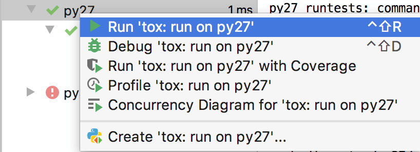 Context menu to  run a tox test