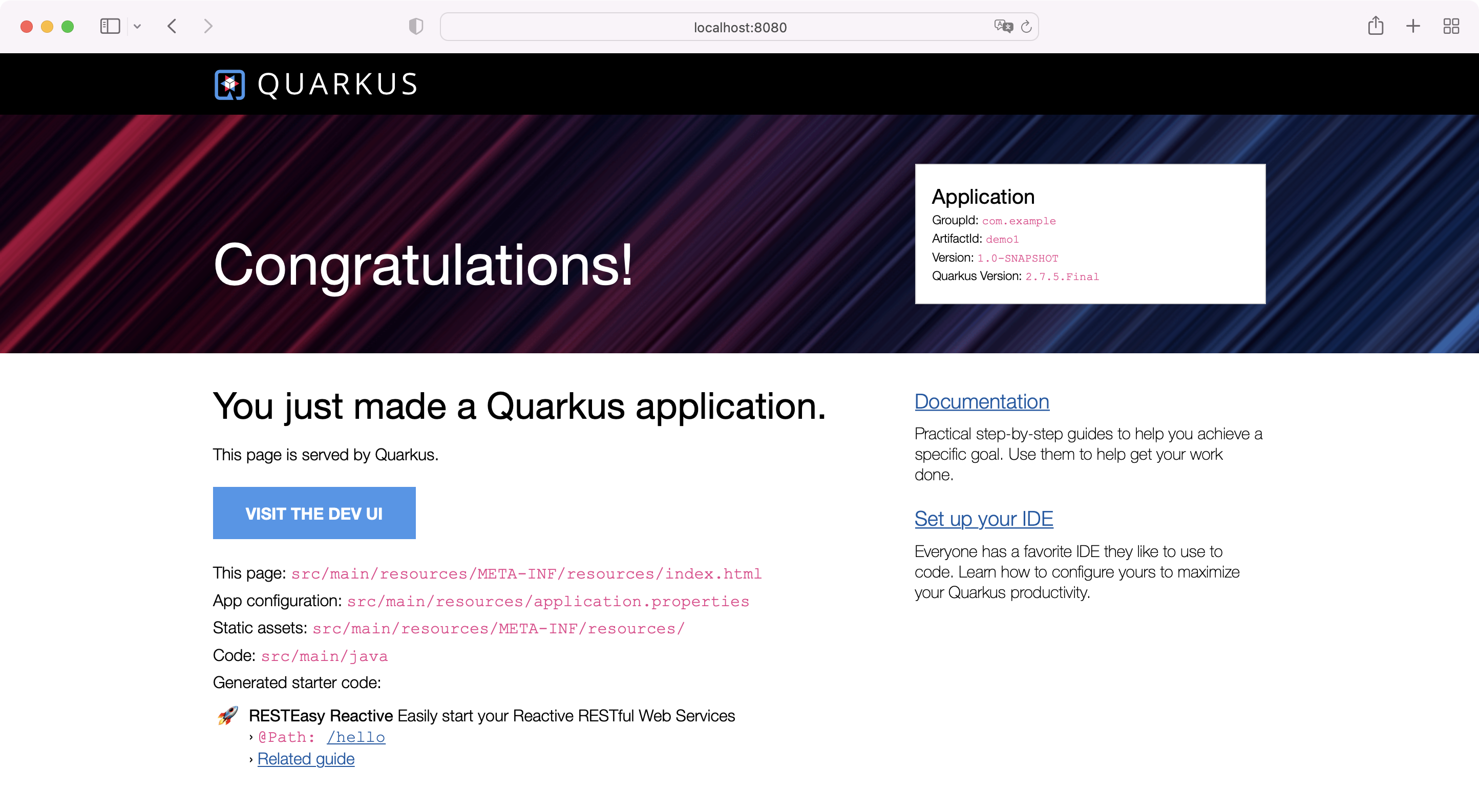 Quarkus application start page