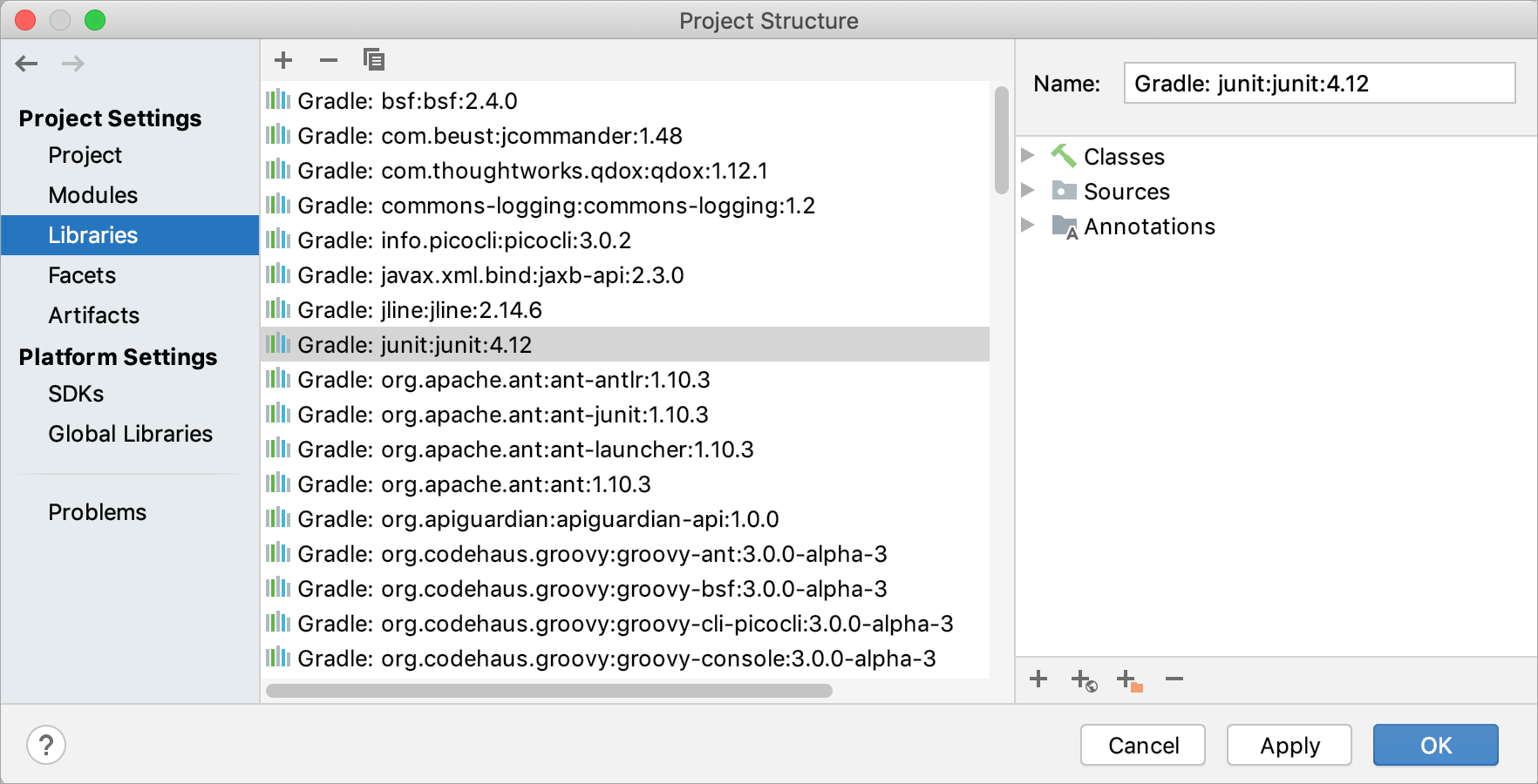 Libraries shown in the Project Structure dialog
