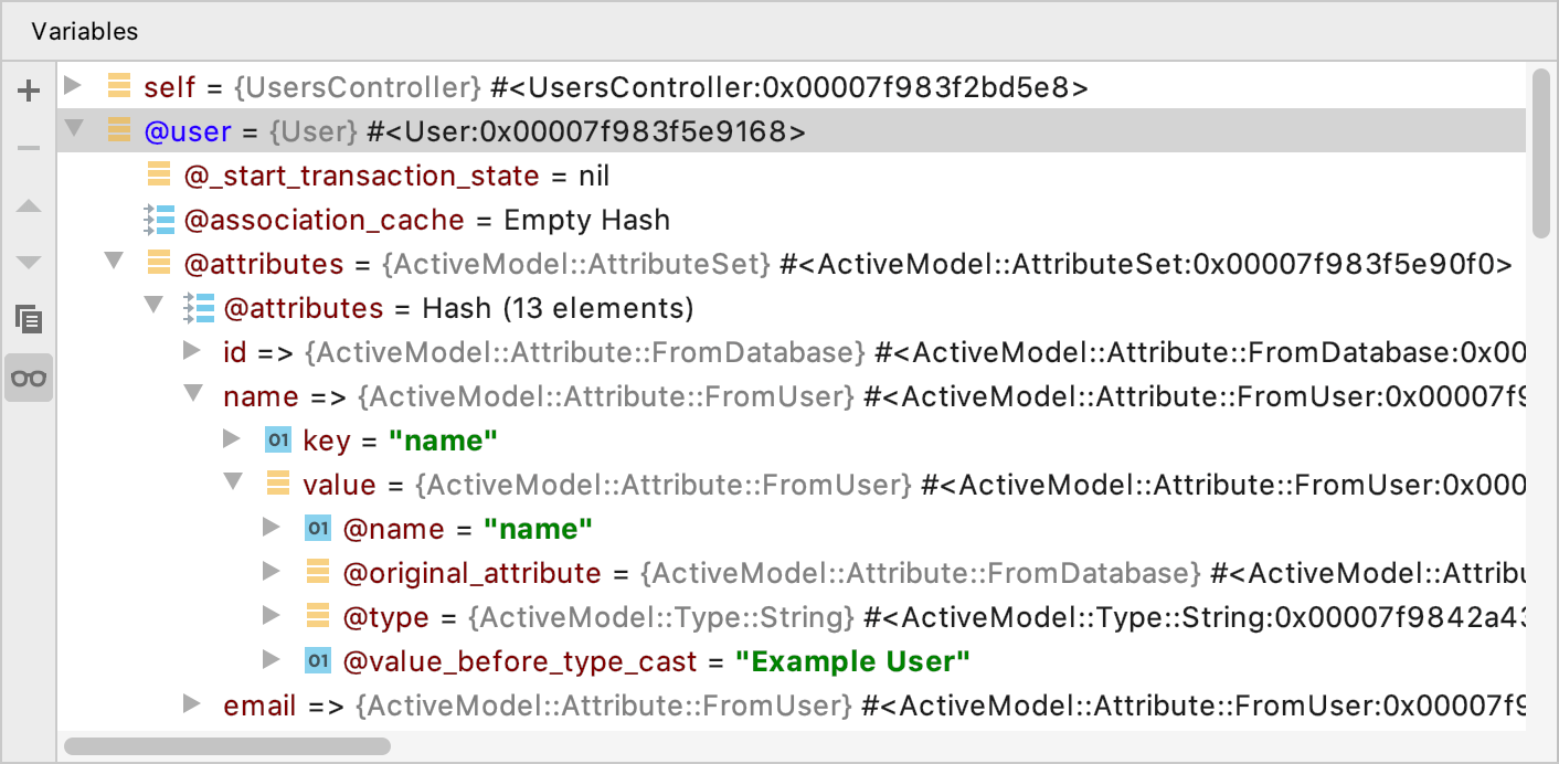 The Variables tab shows you the variables visible from the current execution point