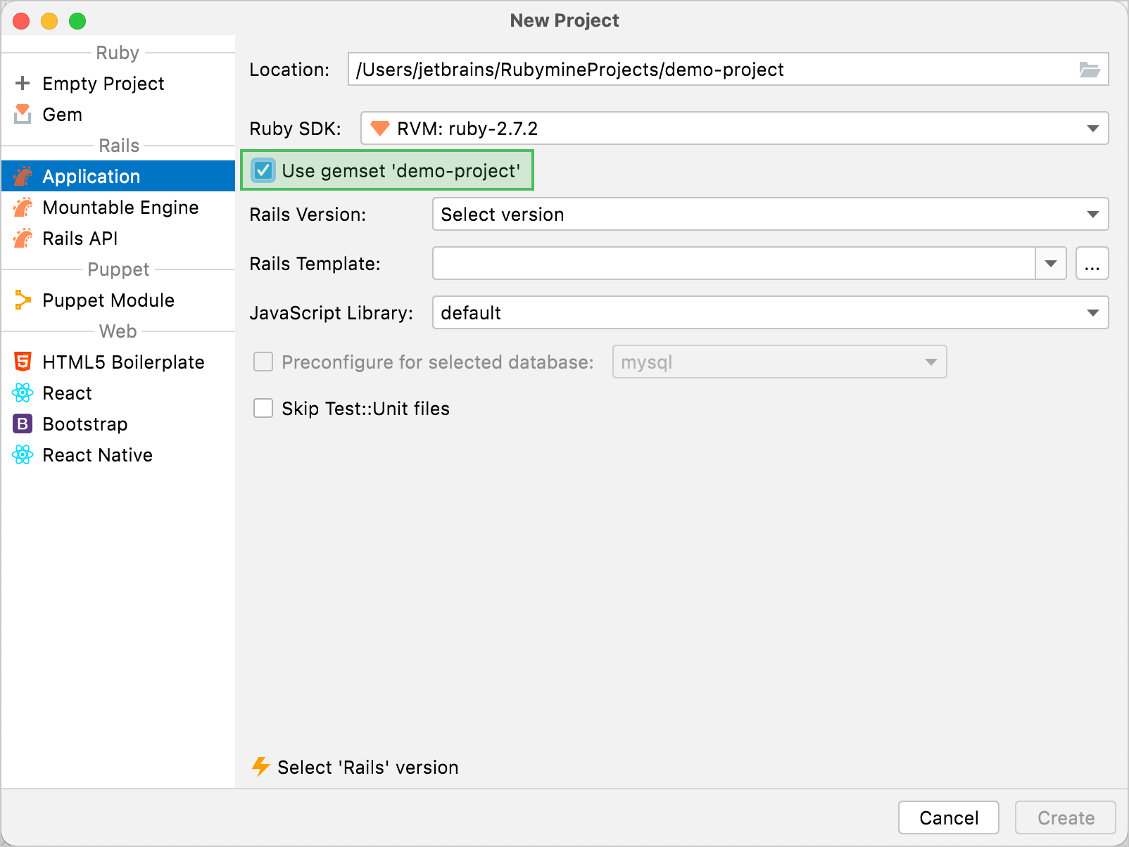 enabling a gemset in the new project dialog