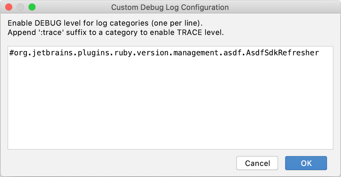 Custom Debug Log Configuration dialog