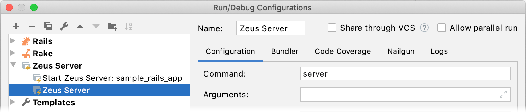Run/Debug Configuration Zeus