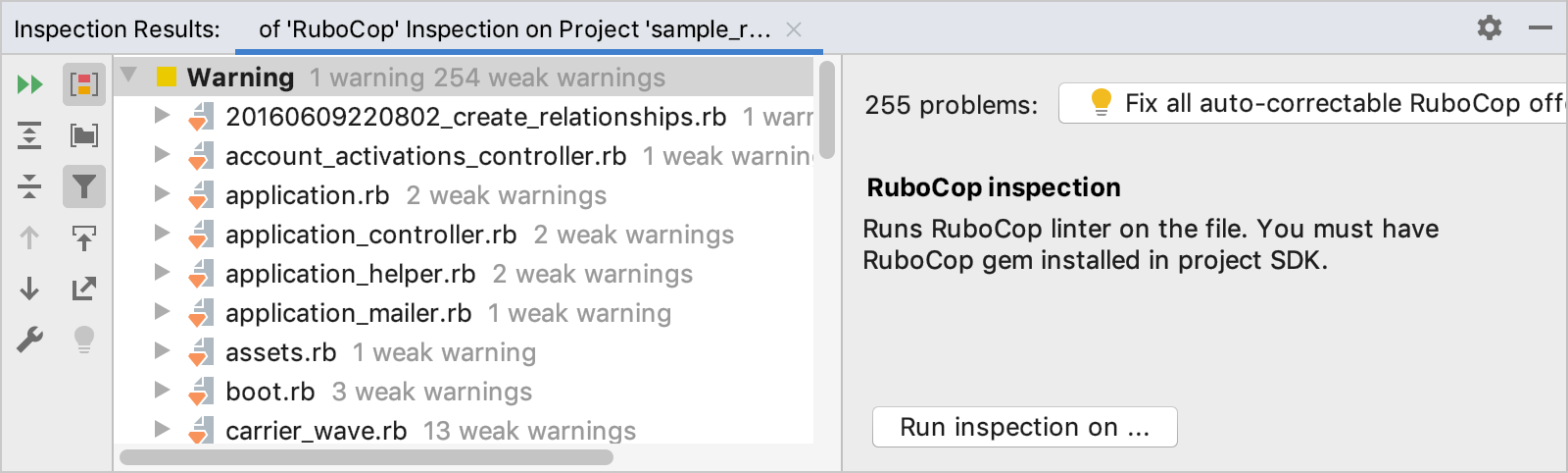 RuboCop inspection results