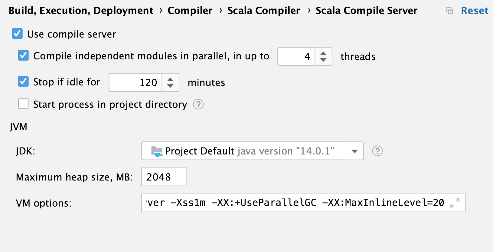 the Scala Compiler Server settings