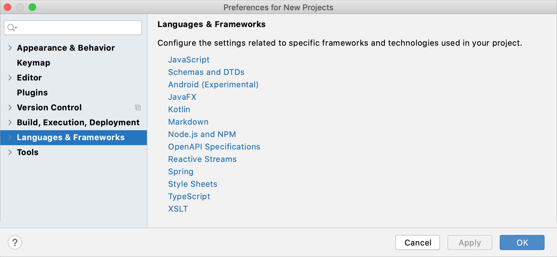 Settings: Languages and Frameworks