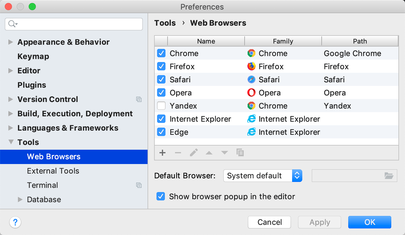 The Web Browsers page in Preferences