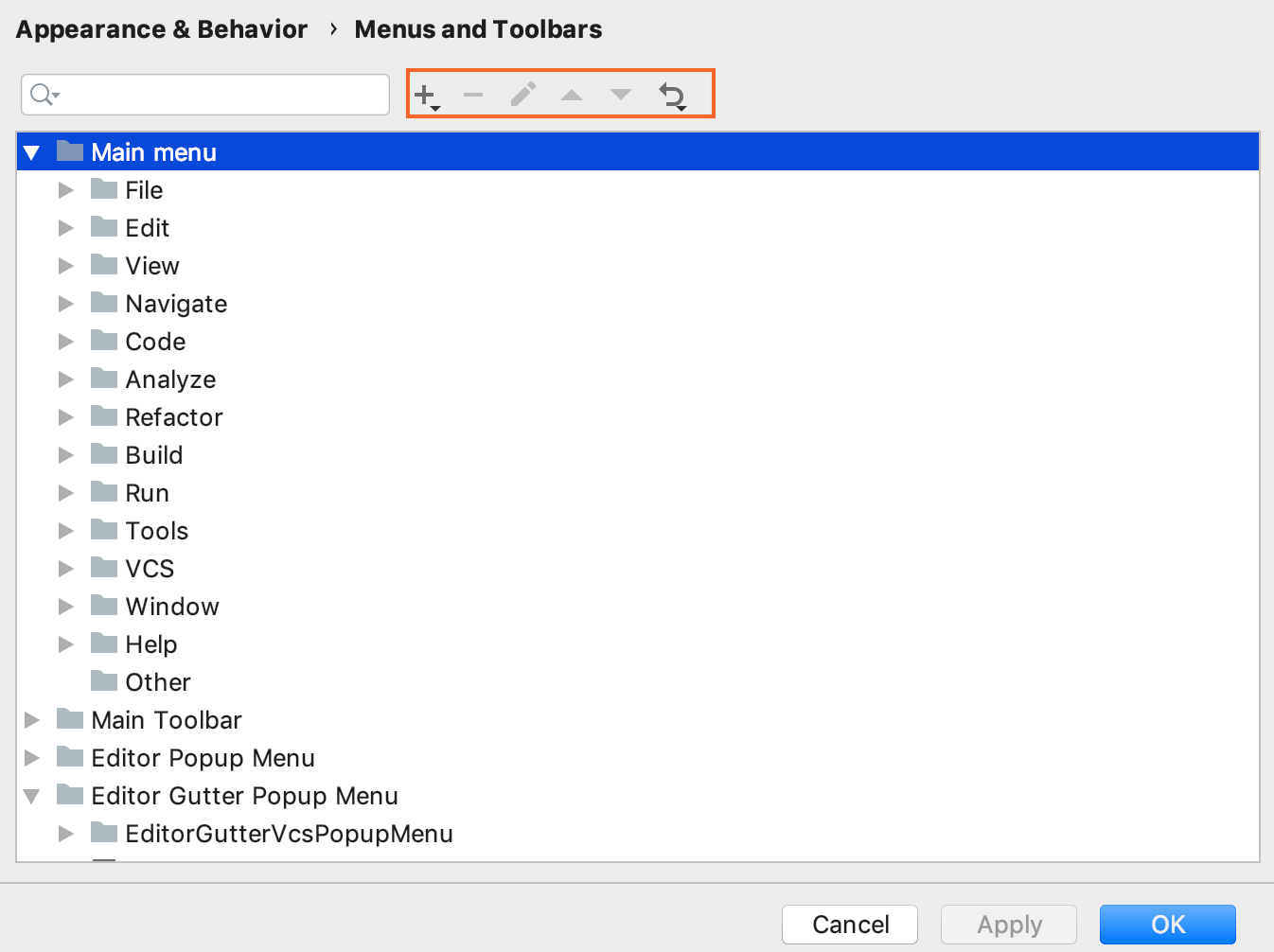 the Menus and Toolbars settings