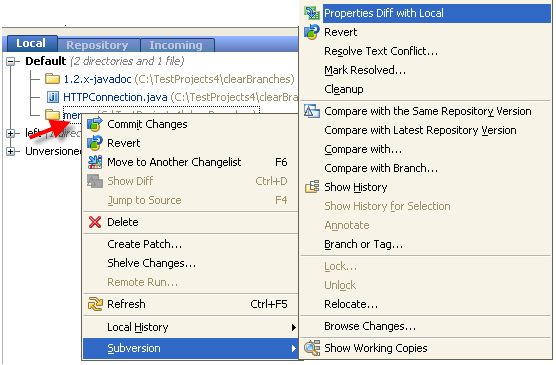 Show properties diff local