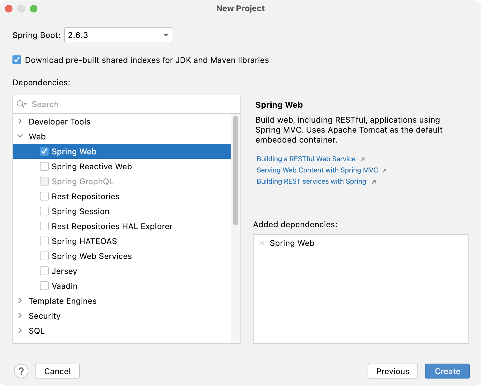 Spring Dependencies in the New Project wizard